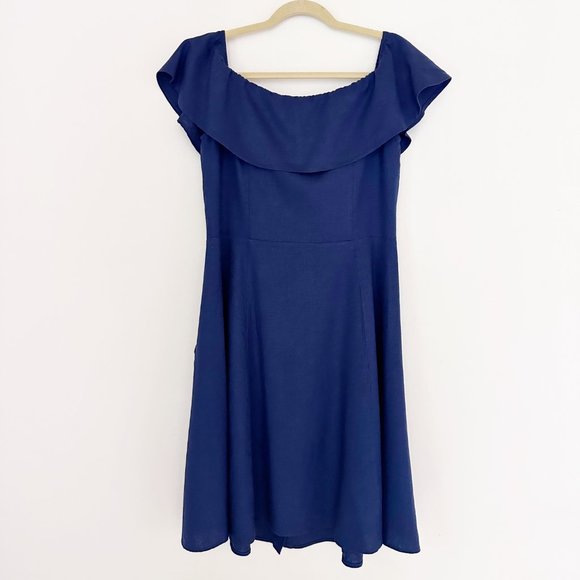 Saks Off the Shoulder Linen Dress Navy Button Down | 14 - Picture 3 of 7